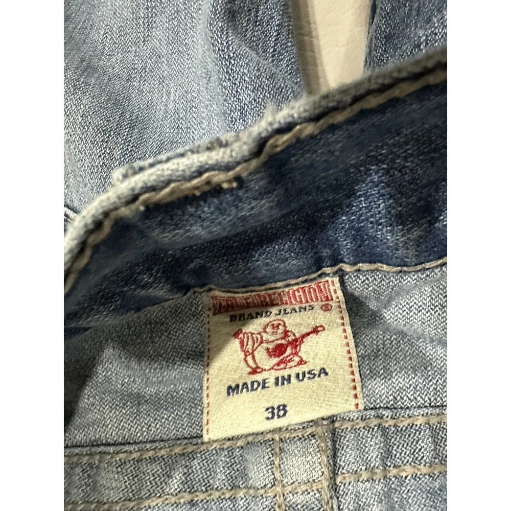 True Religion Mens Blue Jeans Size 38 x 32 Thick Stitch Flap Pockets